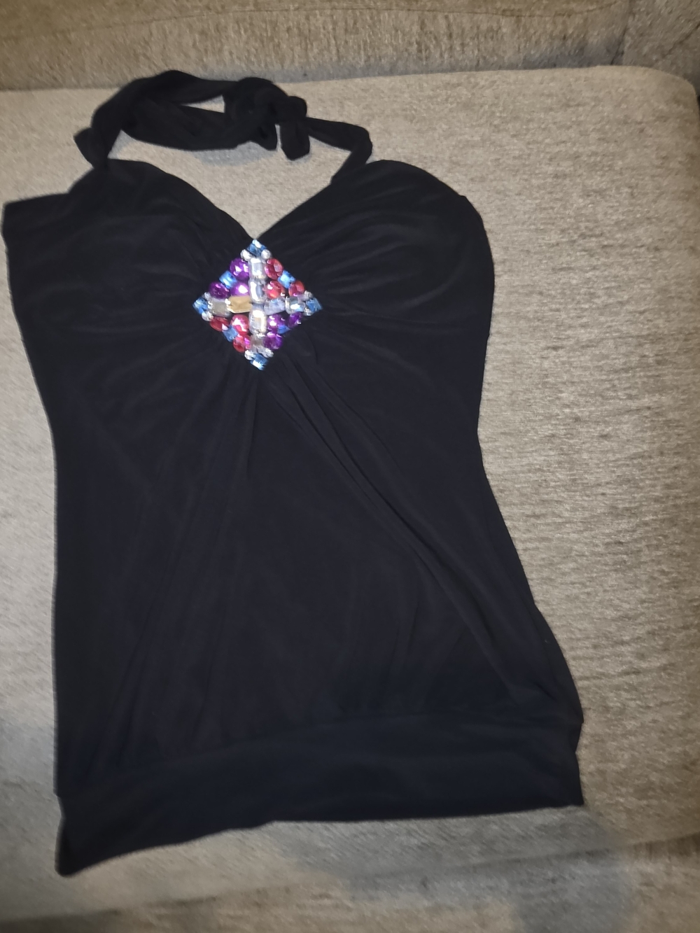 Black Halter Top with Multicolor Gem Accent & Tie Around Neck Large